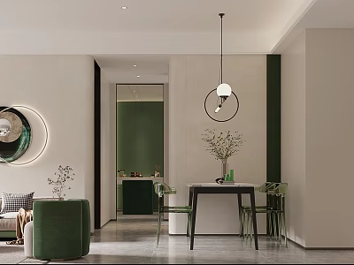 Modern Living Dining Room Interior With Green Accents Dining Table Pendant Light And Round Mirror 3d model