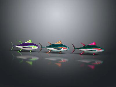 Three Colorful Purple Green Pink Fish Arranged Side by Side with Reflections on Gray Background 3d model
