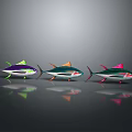 Three Colorful Purple Green Pink Fish Arranged Side by Side with Reflections on Gray Background