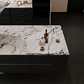Modern Restaurant Kitchen Interior with Marble Counter Black Cabinets White Range Hood and Wine Bottles
