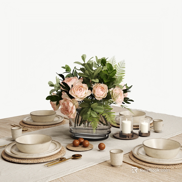 Elegant Tableware Set For Table Setting With Flowers And Candles 3d model 