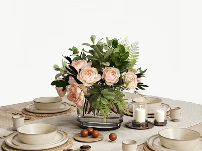 Elegant Tableware Set For Table Setting With Flowers And Candles 3d model