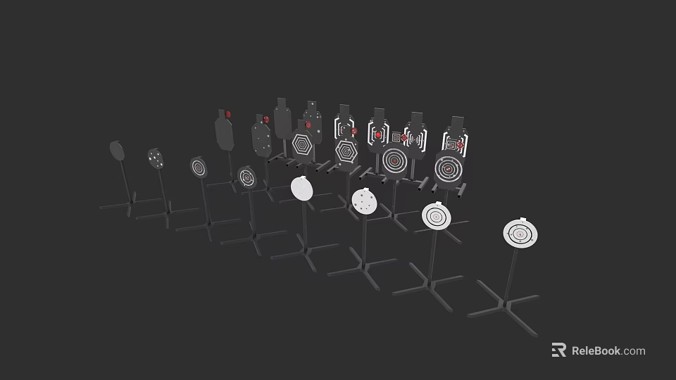 Various Types of Weapons Arranged on Metal Display Stands with Different Designs 3d model 