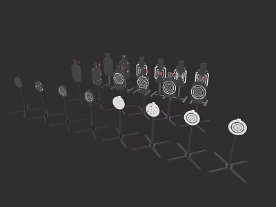 Various Types of Weapons Arranged on Metal Display Stands with Different Designs 3d model