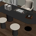 Oval Gray Desk Interior With Books Notebook Record Player And Stools On Wooden Floor