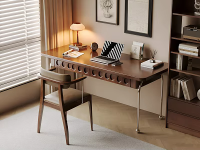Wooden Desk by Window Featuring Table Lamp Laptop Books Chair and Wall Art 3d model