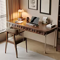 Wooden Desk by Window Featuring Table Lamp Laptop Books Chair and Wall Art
