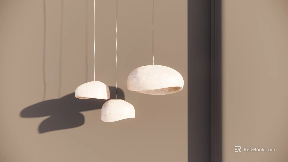 Three Light Colored Dome Shaped Pendant Lights Hanging On Brown Wall With Shadow Effects 3d model