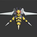 Yellow Striped Insect Creature 3D Model With Purple Horns Red Eyes White Wings And Spikes
