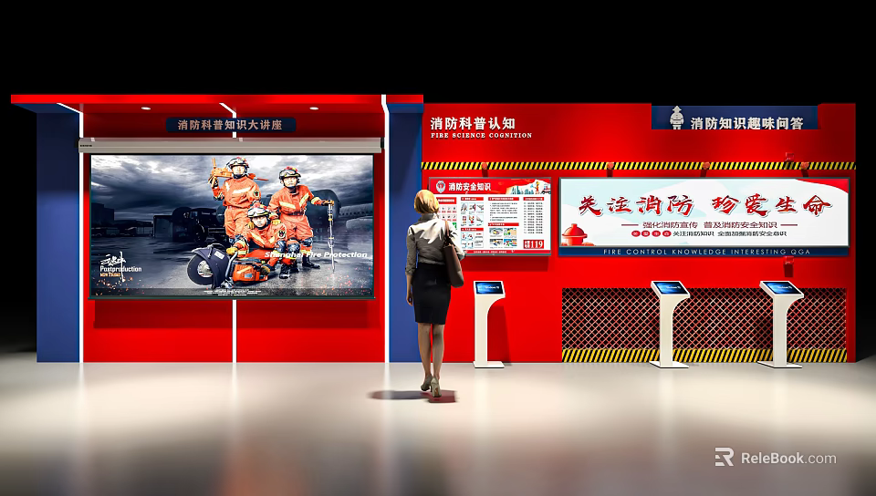 Fire Safety Science Popularization Experience Hall With Firefighter Display And Knowledge Boards 3d model 
