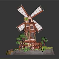 Miniature Red And White Windmill Model With Yellow Roof And Green Trees