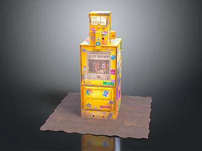 Yellow Gum Ball Vending Machine With Colorful Stickers And Buttons On Brown Mat 3d model