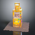 Yellow Gum Ball Vending Machine With Colorful Stickers And Buttons On Brown Mat