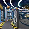 School Space Themed Learning Area With Starry Ceiling Circular Lights Grid Lockers And Planet Decorations 3d model