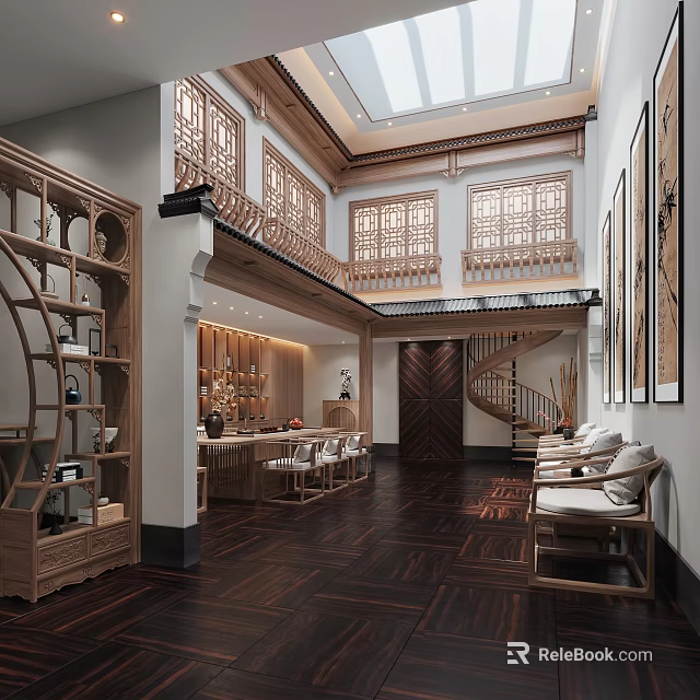 Traditional Tea House Interior Design With Wooden Furniture And Tea Sets 3d model 