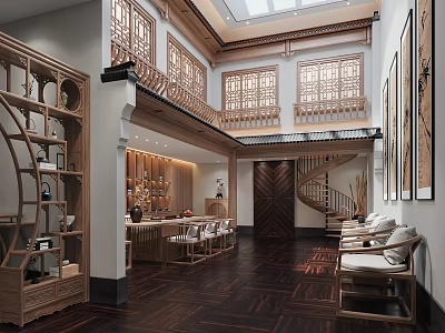 Traditional Tea House Interior Design With Wooden Furniture And Tea Sets 3d model