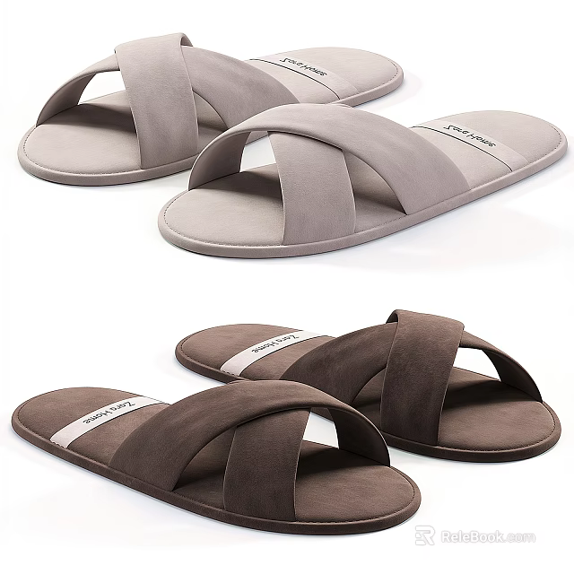 Comfortable Cross Strap Slippers In Gray And Brown Suede For Casual Indoor Wear 3d model 