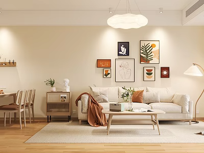 Modern Warm Living Dining Room Interior With Beige Sofa Coffee Table Dining Table And Wall Art 3d model