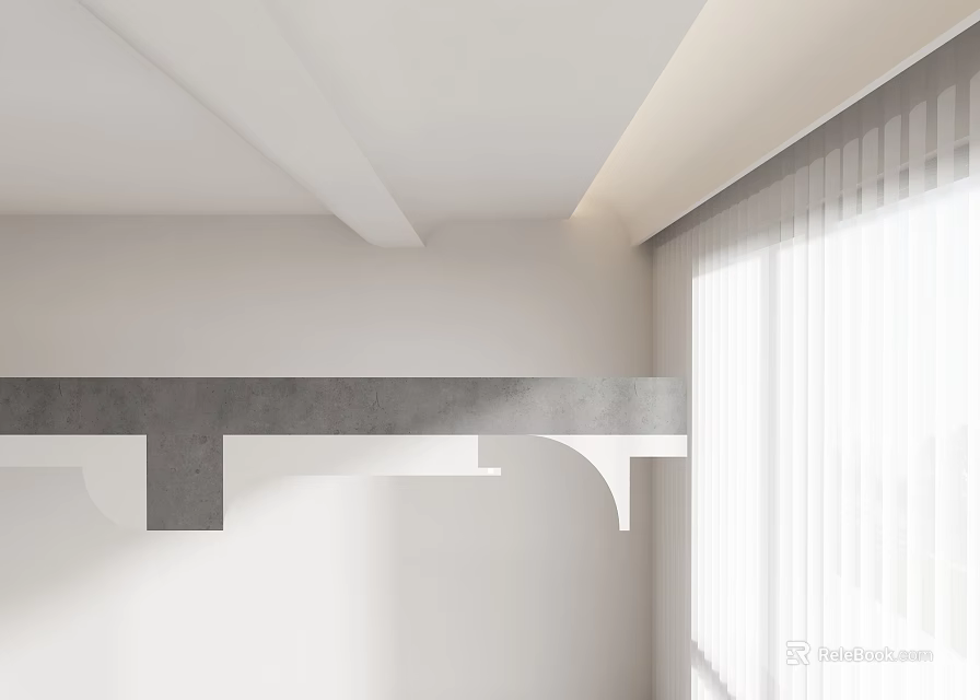 Modern Minimalist Ceiling Design With White Beams And Window With White Curtains 3d model 