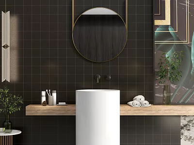 Modern White Washbasin With Round Mirror Wooden Countertop And Green Plants On Black Tiled Wall 3d model
