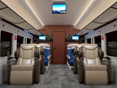 Modern Luxurious Train Interior With Beige And Blue Leather Seats Screens And Ambient Lighting 3d model