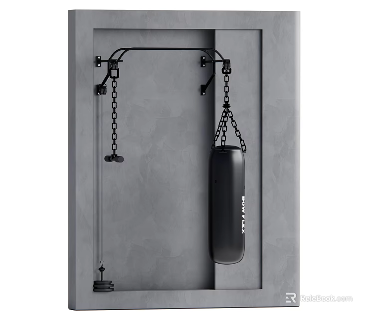 Black Wall Mounted Punching Bag With Chains For Fitness Training On Gray Wall 3d model 