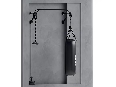 Black Wall Mounted Punching Bag With Chains For Fitness Training On Gray Wall 3d model