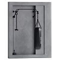 Black Wall Mounted Punching Bag With Chains For Fitness Training On Gray Wall