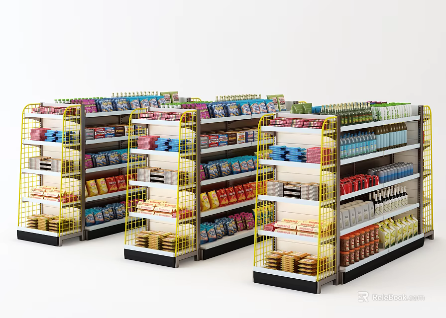 Well Organized Retail Display Shelves With Various Products And Yellow Grid Design 3d model 