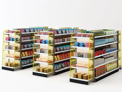 Well Organized Retail Display Shelves With Various Products And Yellow Grid Design 3d model