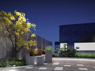 Starry Night Garden With Yellow Tree Diverse Plants Stone Pavement And Modern Building 3d model