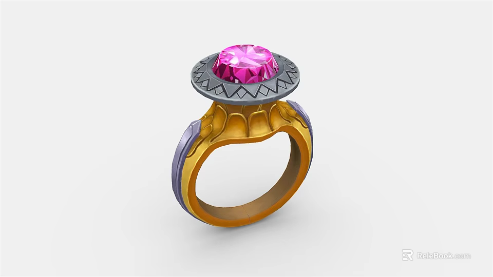 Exquisite Ring With Pink Gemstone And Gray Decorative Accents Gold Purple Band Featuring Intricate Patterns 3d model 