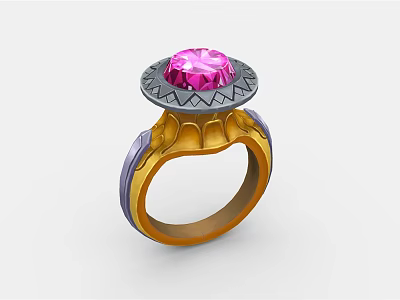 Exquisite Ring With Pink Gemstone And Gray Decorative Accents Gold Purple Band Featuring Intricate Patterns 3d model