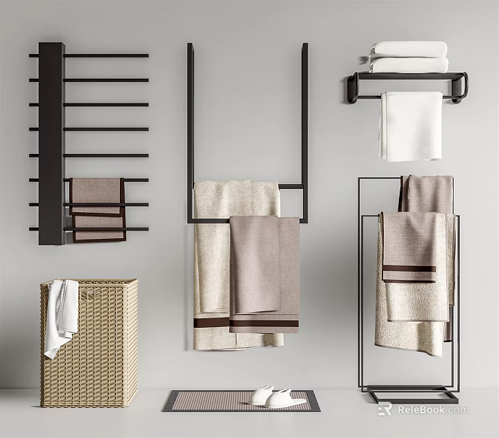 Black Multi Tiered Bathroom Racks Wall Mounted Free Standing With Hanging Towels Wicker Storage Basket 3d model 