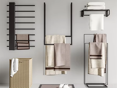 Black Multi Tiered Bathroom Racks Wall Mounted Free Standing With Hanging Towels Wicker Storage Basket 3d model