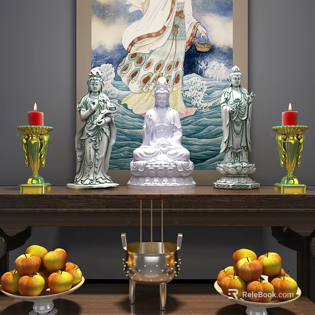 Elegant Decorative Ornament Set With Buddha Statues Candle Holders Apples Incense Burner And Wave Painting 3d model 