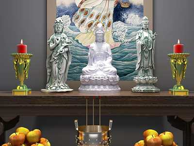 Elegant Decorative Ornament Set With Buddha Statues Candle Holders Apples Incense Burner And Wave Painting 3d model