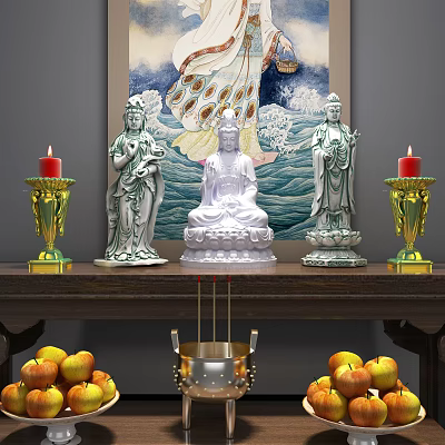 Elegant Decorative Ornament Set With Buddha Statues Candle Holders Apples Incense Burner And Wave Painting 3d model