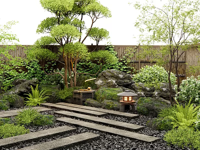 Japanese Garden Design With Stone Rocks Wooden Lantern Fence Steps And Green Trees 3d model