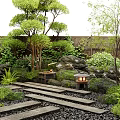 Japanese Garden Design With Stone Rocks Wooden Lantern Fence Steps And Green Trees