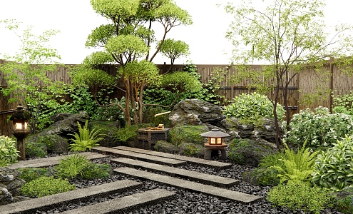 Japanese style landscape stone courtyard landscape water bowl waterscape strip stone Zen yard plant landscape Ting step shrub fence 3d model