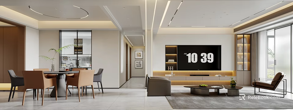 Modern Minimalist Living And Dining Room With Warm Recessed Linear Lighting Home Interior Design 3d model 