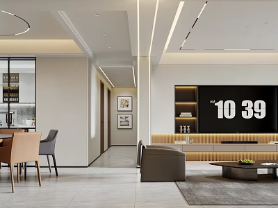 Modern Minimalist Living And Dining Room With Warm Recessed Linear Lighting Home Interior Design 3d model