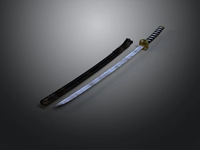 Traditional Katana Weapon With Black Scabbard White Handle And Silver Blade On Dark Background 3d model