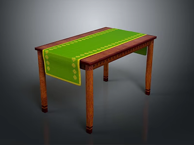 Stylish Wooden Dining Table With Green Patterned Tablecloth And Classic Leg Design 3d model