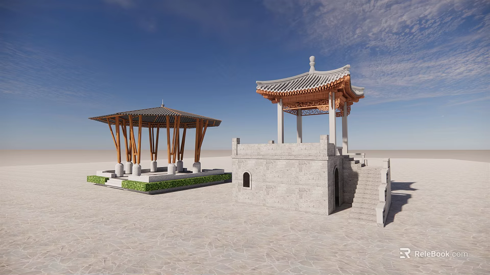 Traditional Chinese Pavilions With Wooden Columns Stone Base Stairs Under Blue Sky 3d model 