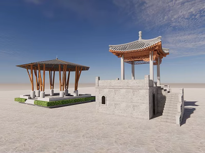 Traditional Chinese Pavilions With Wooden Columns Stone Base Stairs Under Blue Sky 3d model