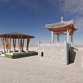 Traditional Chinese Pavilions With Wooden Columns Stone Base Stairs Under Blue Sky