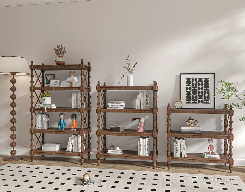 Traditional Wooden Chinese Display Shelf With Decorations And Books Arranged Neatly 3d model 