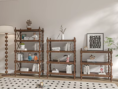 Traditional Wooden Chinese Display Shelf With Decorations And Books Arranged Neatly 3d model